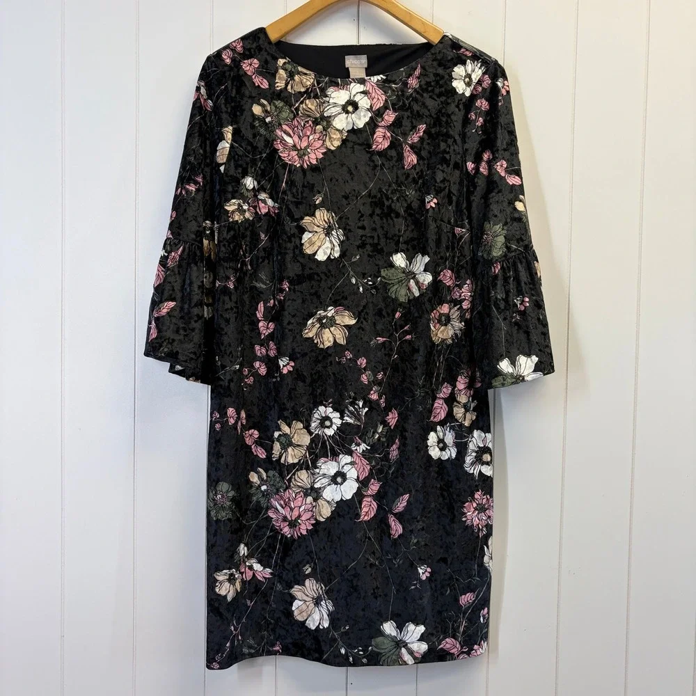Chicos Whimsigoth Velvet Floral Shift Dress Women Size 1 (8/10) Dark Coquette